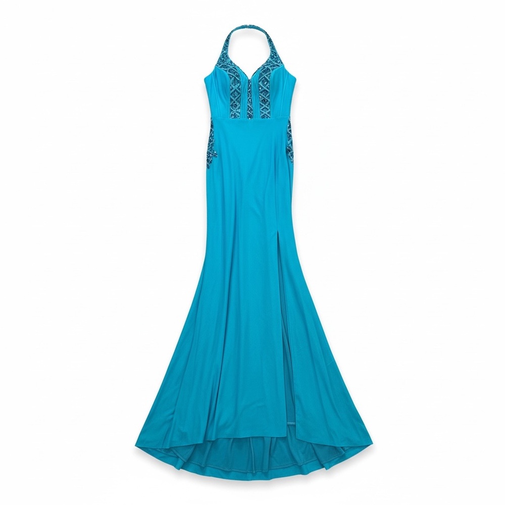 Jovani D5034A Corset Aqua Blue Halter Rhinestone Prom Pageant Maxi Dress -8 NEW - Picture 3 of 16